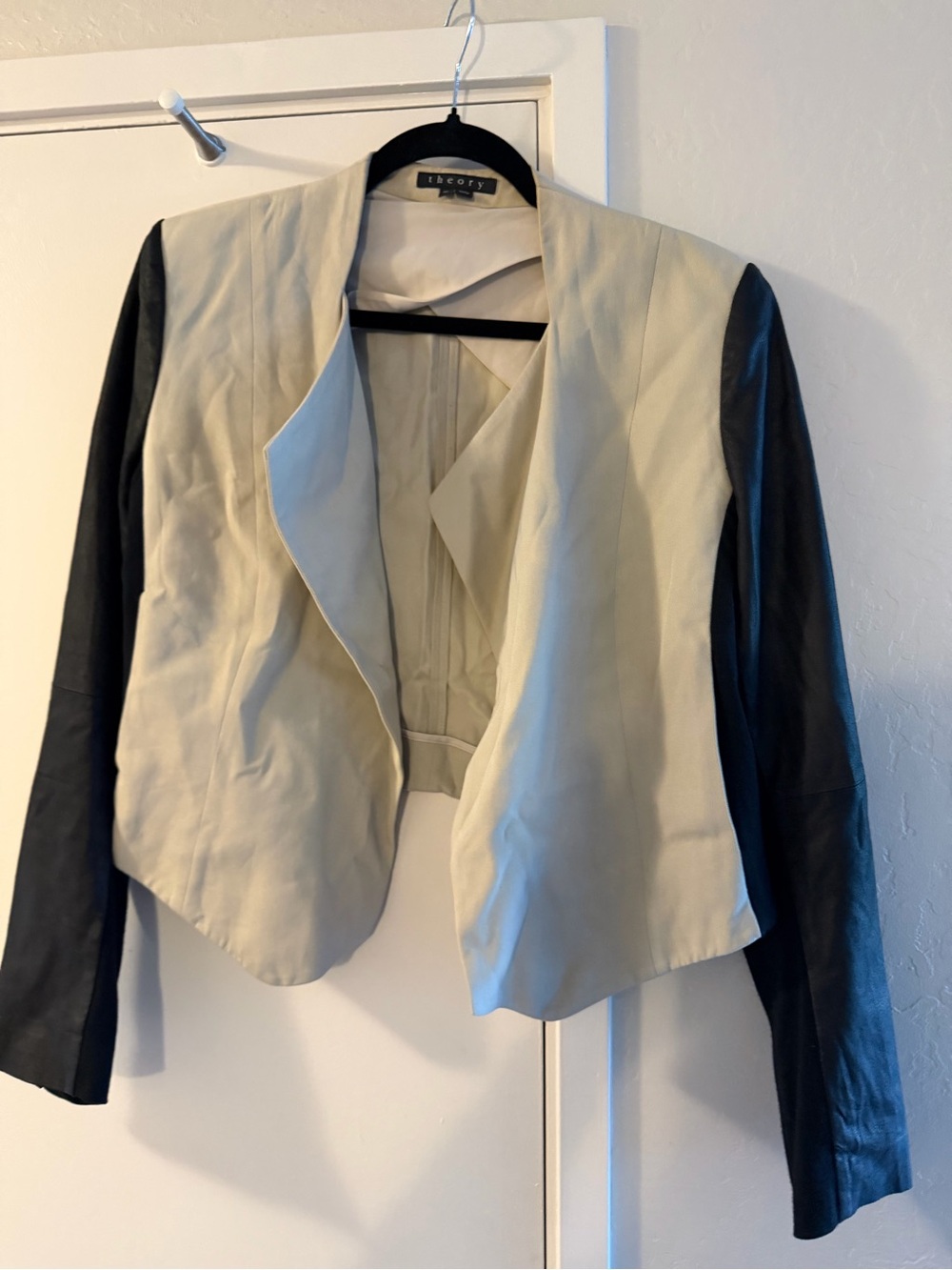 Theory Two-Tone Open Front Blazer with Black Leather Sleeves